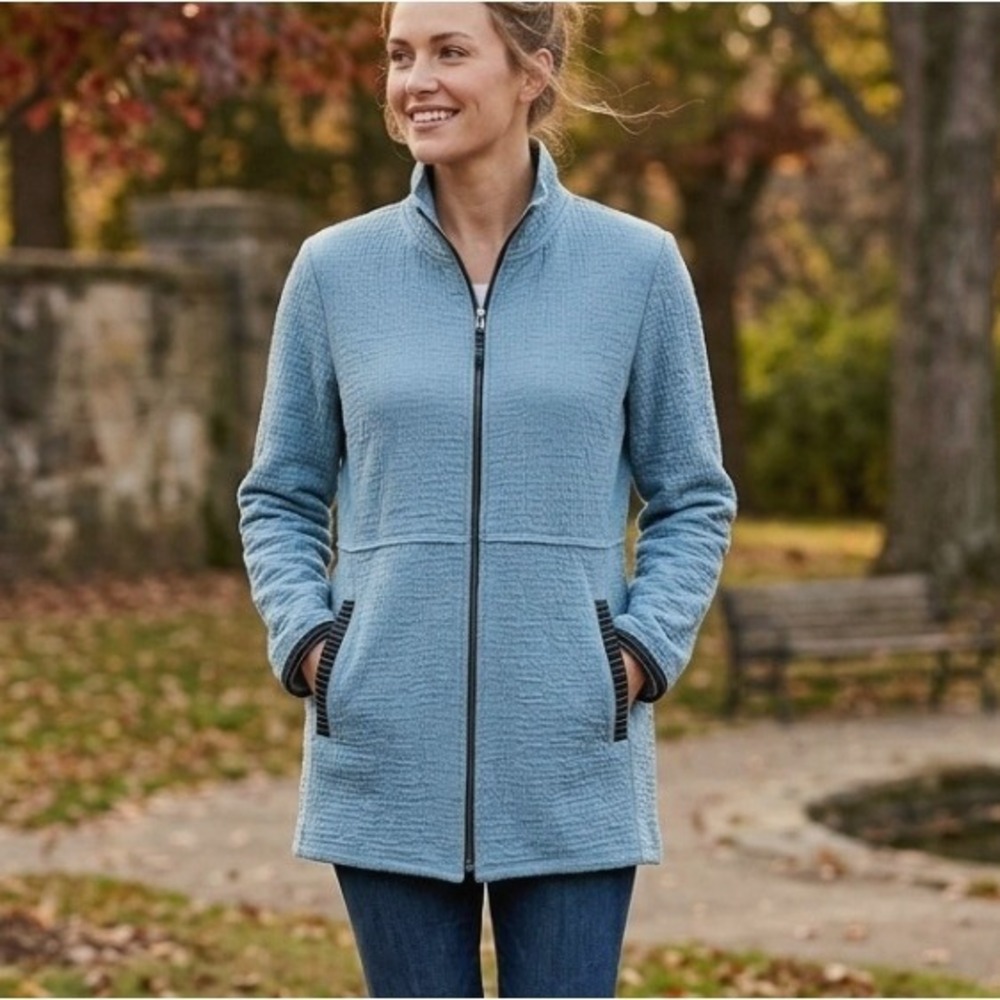 HABITAT Jacket Womens Size Small Blue Full Zip Pockets Crinkle Knit Relaxed‎ Fit